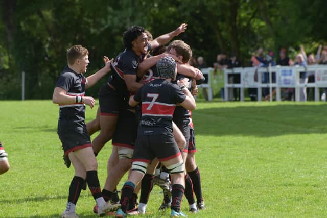 Oundle celebrate victory over Old Northamptonians. Photo Kev Goodacre.