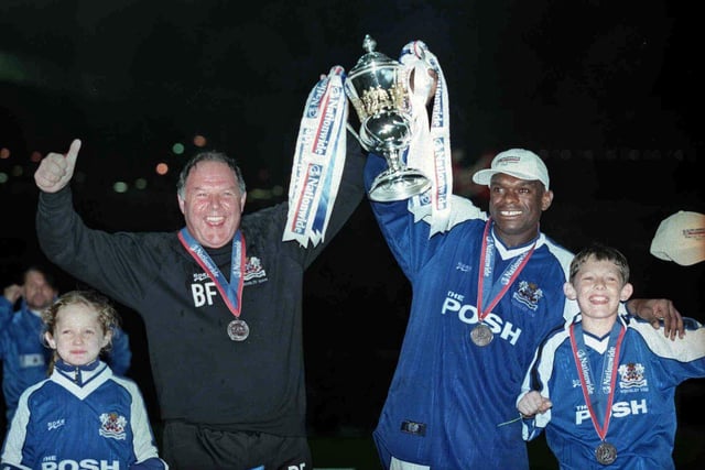 Andy Clarke (pictured right with then Posh boss Barry Fry) scored the only game in the League Two play off final of 2000. He was last heard of working as a market stall trader on Barnet High Street.