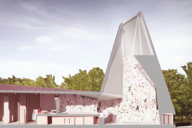 This cut-away image shows how the planned Olympic-grade Climbing Wall might in Ferry Meadows, Peterborough.