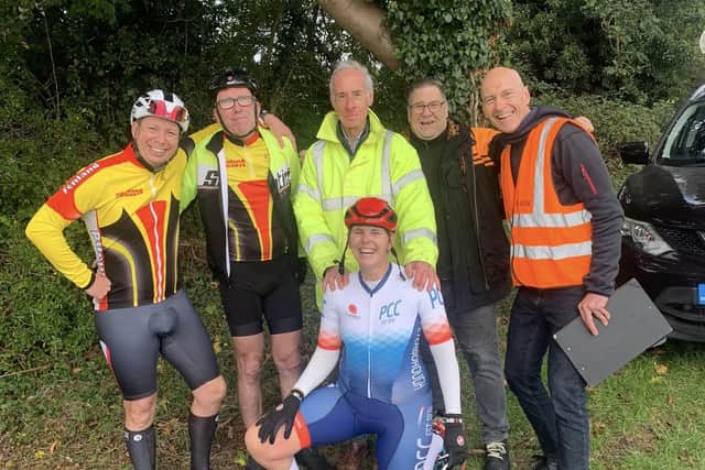 Lisa Jane Lait is pictured with helpers and organisers at the joint Peterborough Cycling Club/Fenland Clarion Club Hill Climb event.