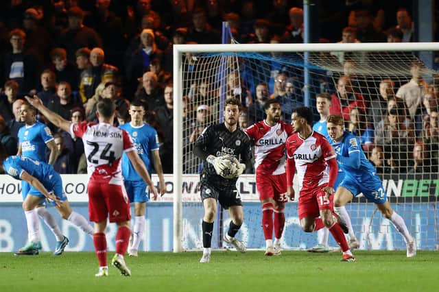 Jed Steer of Peterborough United claims the ball against Stevenage. Photo: Joe Dent.