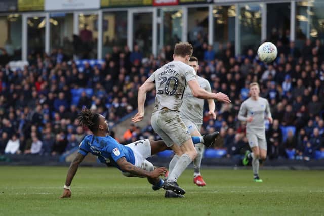 Ivan Toney's brilliant goal sealed a 2-0 win for Posh v Pompey in March, 2020.  Photo Joe Dent/theposh.com.