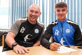 Janos Bodnar (right) after signing a professional development contract with Posh in August, 2022. Photo Joe Dent/theposh.com