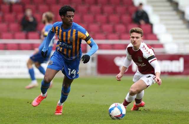 Nathanael Ogbeta in action for Shrewsbury at Northampton in 2021. Photo by Pete Norton/Getty Images.