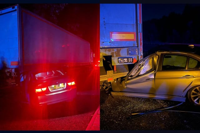This vehicle crashed into the back of a stationary lorry, which was parked in a layby. The driver, who had his young son and his son's friend in the back of the car, blew over the drink drive limit.