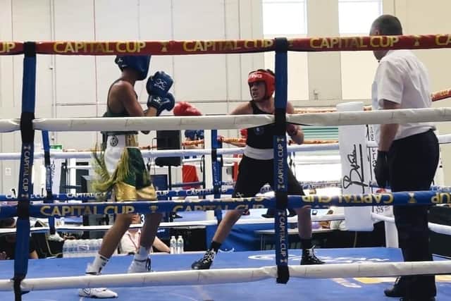 Jacob Hussain (red helmet) in action at the Capital Box Cup.