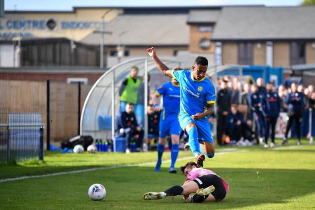 Dion Sembie-Ferris in action for Peterborough Sports against Curzon Ashton. Photo: James Richardson.