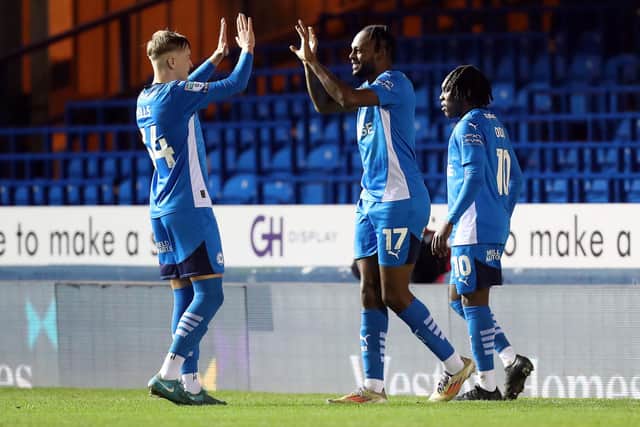 Ricky-Jade Jones celebrates his goal for Posh v Cobblers. Photo Joe Dent/theposh.com