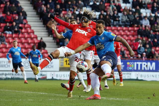 Jonson Clarke-Harris of Peterborough United shoots at goal against Charlton Athletic. Photo: Joe Dent/theposh.com