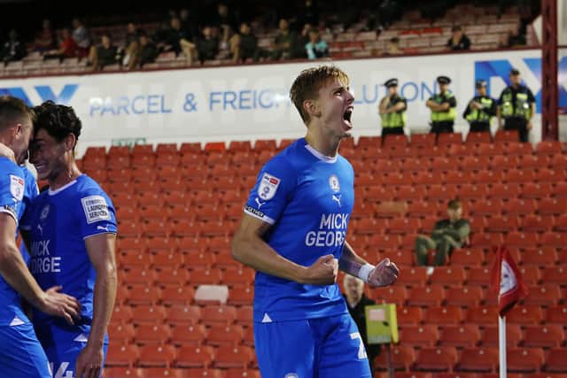 Hector Kyprianou after scoring for Posh at Barnsley this season. Photo: Joe Dent/theposh.com.