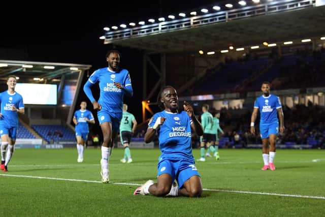 Peter Kioso celebrates scoring his first goal for Peterborough United. Photo: Joe Dent.