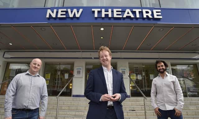 MP for Peterborough Paul Bristow at the New Theatre, Broadway with theatre director Richie Ross and Selladoor CEO David Hutchinson (image: David Lowndes)