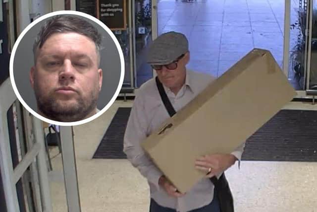 CCTV footage of Paul Mathews (main image) and Dean Mathews custody image (inset).