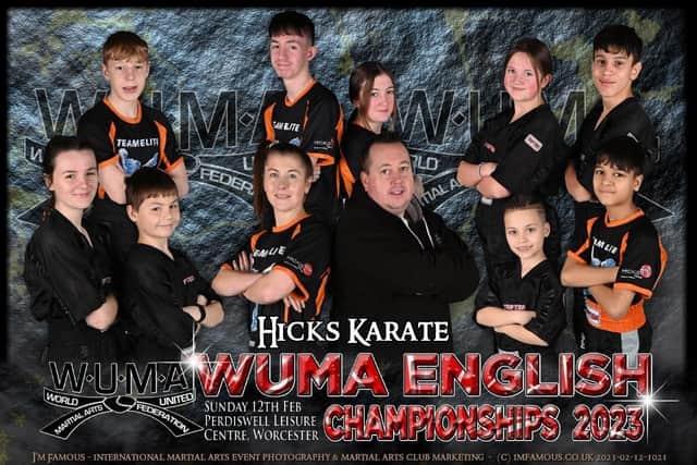 The successful Hicks Karate squad: Back left to right: Will Woods, Aaron Leonard (coach), Lucy Hicks (coach), Sophie Hicks, Arshan Nash, front row, Casey Stone, Joshua Leonard, Atlanta Hickman, Sensei Andrew Hicks (chief instructor), Roxy Briggs, Ravi Panchal,