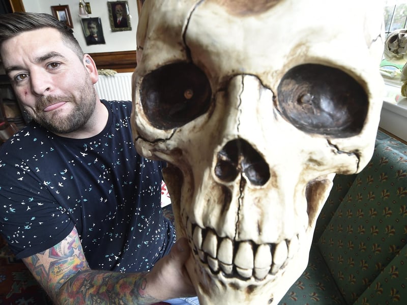 Taken in 2018. Gavin White, landlord of the LIme Tree with one of his Halloween decorations in his pub.