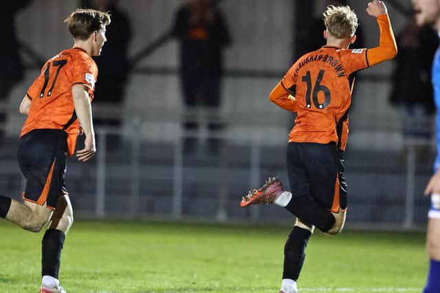 Sam Straughan-Brown celebrates his goal for Sports against Bedford. Photo Darren Wiles