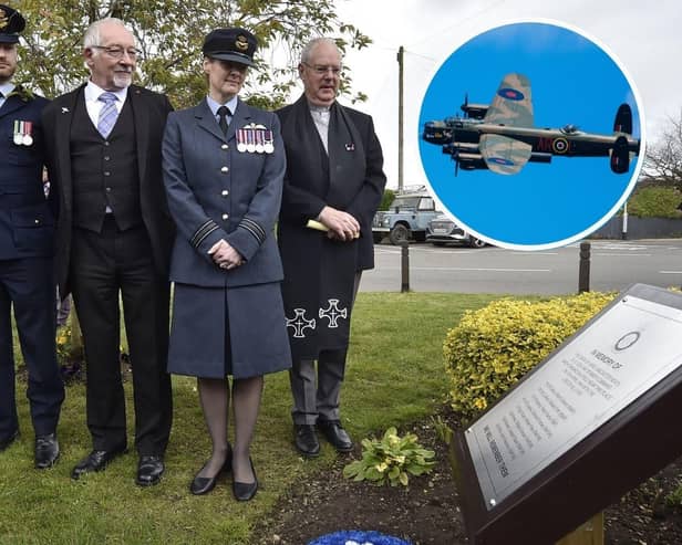 Revd Mike Jones, Sqn Ldr Jane Mannering from 57 Sqn, Cllr Barry Wainwright, Flt Lt Adam Evans, Australian Defence Staff and Flying Officer Tom Longdon from 57 Sqn at the memorial for the crew who lost their lives in the Eastrea Lancaster crash. Inset - the Battle of Britain Memorial Flight's Lancaster - similar to the one flown by the crew