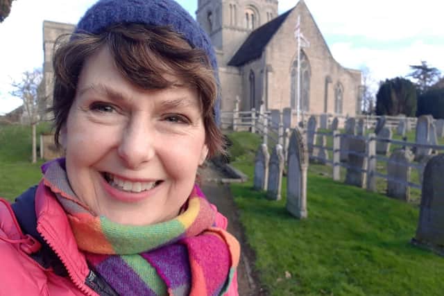 Faye Smith outside St Kyneburgha’s church Castor, the starting point of the pilgrimage.