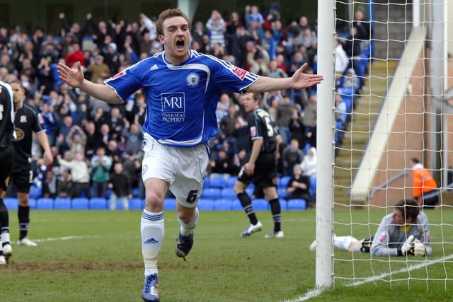 Charlie Lee celebrates his goal for 10-man Posh which saw off Northampton in a League One game at London Road in March, 2009. Gaby Zakuani had been sent off for a professional foul in the third minute. Posh went on to win promotion and Cobblers were relegated.