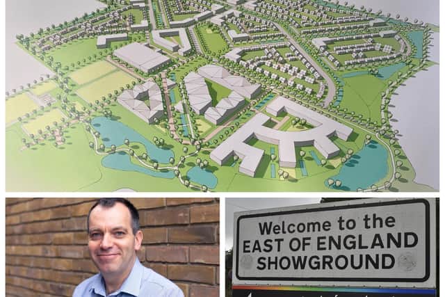 This image shows the intended layout for a planned care village and 1,500 homes on the East of England Showground in Peterborough; Ashley Butterfield, chief executive of AEPG.