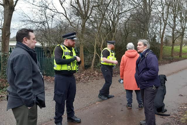 Doreen Pinnock asked for advice PC James Cullimore and PC Kurt Irving as they walked around Bretton Park.