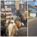 Shoppers pictured inside the Aldi store (left) and outside the store (right) before doors opened. (Images: Mark Hall)