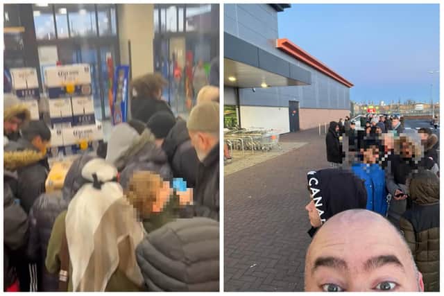 Shoppers pictured inside the Aldi store (left) and outside the store (right) before doors opened. (Images: Mark Hall)