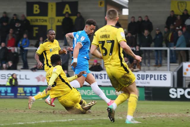 Jonson Clarke-Harris scores for Posh at Burton. Photo Joe Dent/theposh.com.