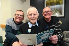 John Pusey celebrating his 100th birthday at Baron Court Care Home at Werrington with John Pusey (son) and Dave Pusey (son) (image: David Lowndes).