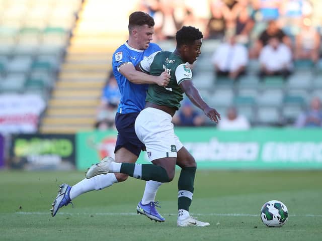 Charlie O'Connell in action for Posh at Plymouth earlier this season. Photo: Joe Dent/theposh.com.