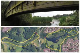 One of the bridges at Cuckoos Hollow, Peterborough, that are to be closed after an inspection found the structures are not safe. Left, map shows diversion set up at Baron Court. Right, map shows diversions for other two bridges at Lakeside and Welbourne.