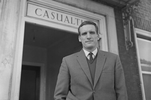 Former Posh captain Vic Crowe is pictured leaving hospital after recovering from injury on 9th March 1965.