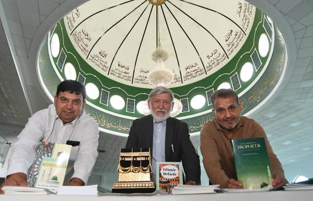 Open day at Faizan-e-Madina mosque in Gladstone Street. Organisers Abdul Choudhuri (chairman) with Majid Hussain (left) and Parvez Akhtar (right).