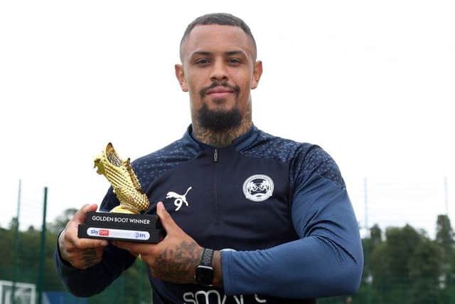 Jonson Clarke-Harris has finally received his League One Golden Boot prize for top scoring in the 2022-23 season. He shared the award with Conor Chaplin of Ipswich Town. Photo: Joe Dent/theposh.com