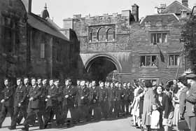A VE Day military parade on 8th May 1945 featuring the Free French Air Force - who were stationed at Westwood Airfield - passing through the Cathedral gates (image: John Newell).
