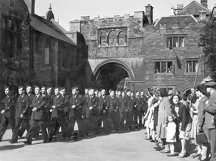 A VE Day military parade on 8th May 1945 featuring the Free French Air Force - who were stationed at Westwood Airfield - passing through the Cathedral gates (image: John Newell).