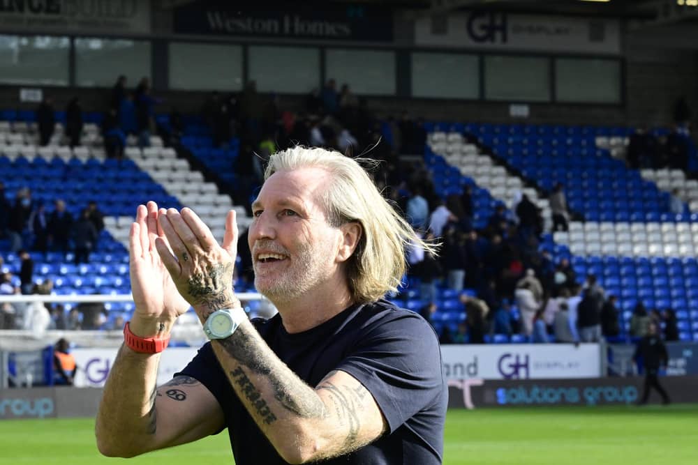 Manager Robbie Savage applauding the Posh fans at the weekend. Photo David Lowndes