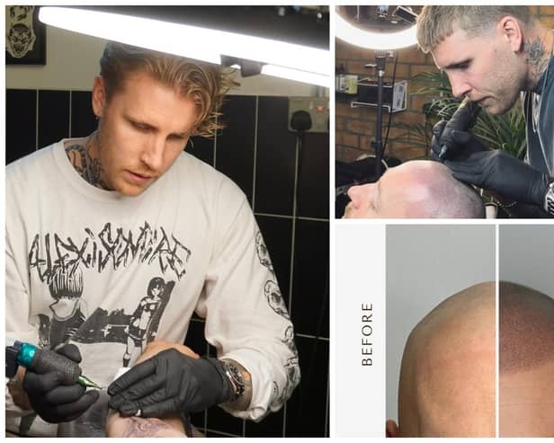 Tattoo artist Leigh Tilbrook in his Halo Clinic, in Westgate, Peterborough, left and above. Before and after showing how a tattoo can hide hair loss.