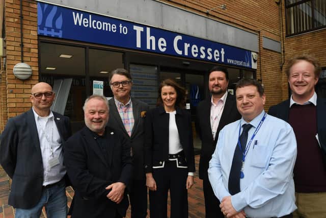 Lucy Frazer MP visiting the Cresset with  Paul Bristow, Wayne Fitzgerald, Cllr Charles Fenner with  Darren Buckman, Jonathan Martin and Martin Chillcott from the  Cresset