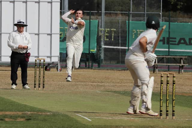 Nick Green bowling for Cambs against Bucks at Bretton Gate. Photo Andy Dann.