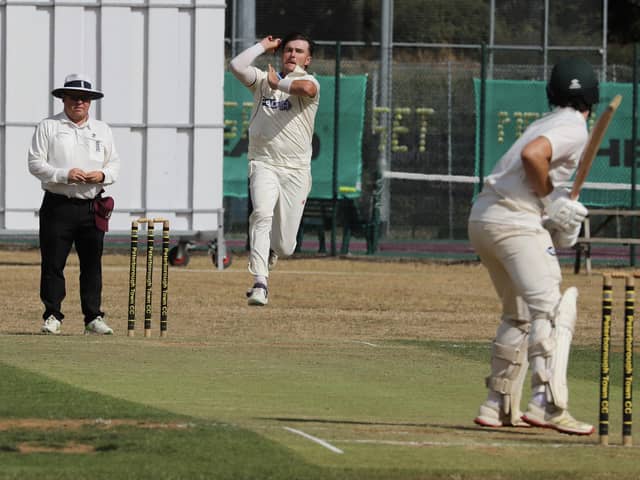 Nick Green bowling for Cambs against Bucks at Bretton Gate. Photo Andy Dann.