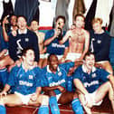 Posh players celebrate their famous League Cup win over Liverpool in December, 1991. Photo David Lowndes.