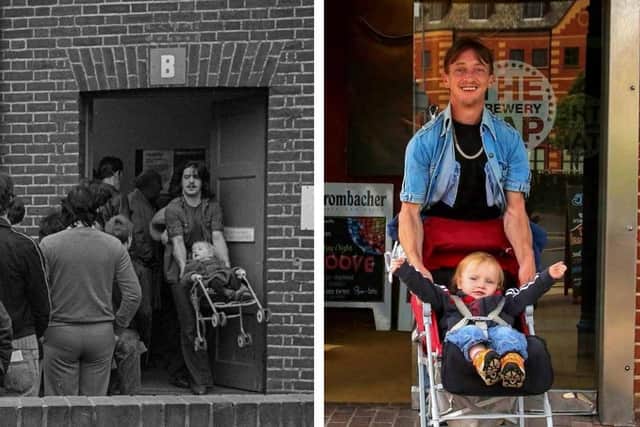 1980- Warren Patterson with son Simon in the buggy; and from 2016 - Simon with son Alfie