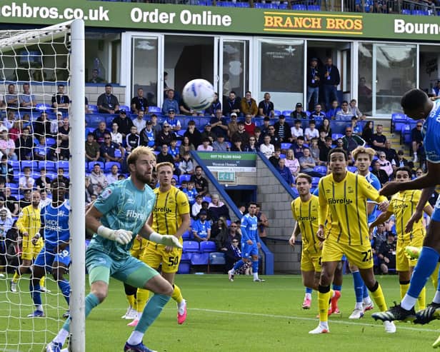 Posh centre-back David Okagbue headed this corner just wide. Photo David Lowndes.