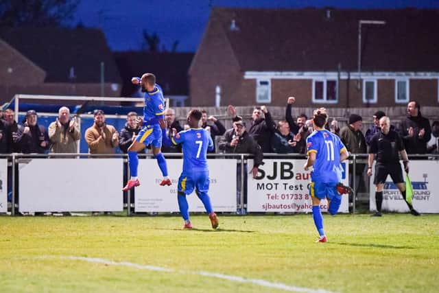 Josh McCammon celebrates hos goal for Peterborough Sports in a play-off semi-final win against Alvechurch at the Bee Arena.