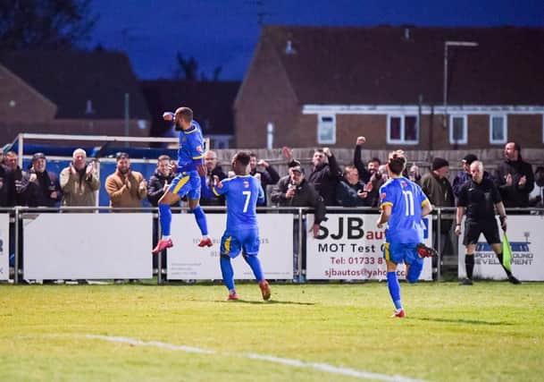 Josh McCammon celebrates hos goal for Peterborough Sports in a play-off semi-final win against Alvechurch at the Bee Arena.