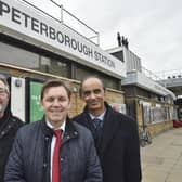 From left, Councillor Peter Hiller,  Peterborough City Council's Cabinet Member for Housing, Growth and Regeneration,  Combined Authority Mayor Dr Nik Johnson and Councillor Mohammed Farooq, leader of Peterborough City Council, outside Peterborough Train Station, which will is the focal point of the Station Quarter development.
