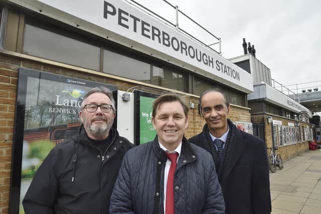 From left, Councillor Peter Hiller,  Peterborough City Council's Cabinet Member for Housing, Growth and Regeneration,  Combined Authority Mayor Dr Nik Johnson and Councillor Mohammed Farooq, leader of Peterborough City Council, outside Peterborough Train Station, which will is the focal point of the Station Quarter development.