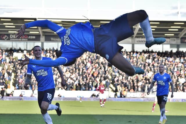 PT photographer David Lowndes brilliantly caught Nathanael Ogbeta flying through the air to celebrate his first Posh goal last weekend.