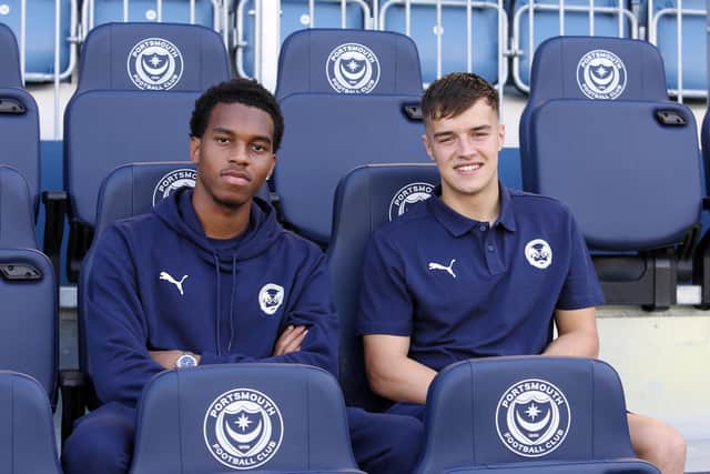 New Posh signings Malik Mothersille (left) and Jacob Wakeling in the stands at Portsmouth. Photo: Joe Dent/theposh.com
